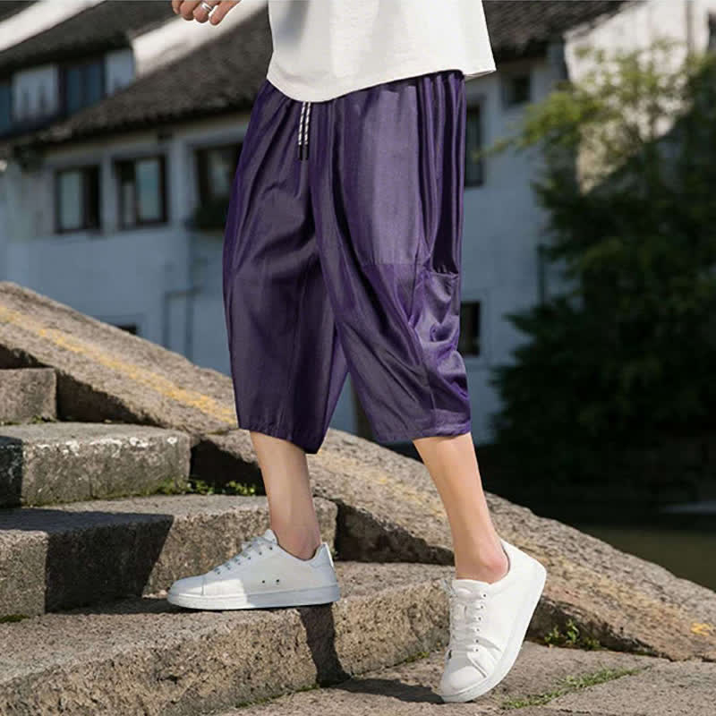 Nimara Ritual Summer Elastic Waist Drawstring Solid Color Half Men's Tapered Pants With Pockets
