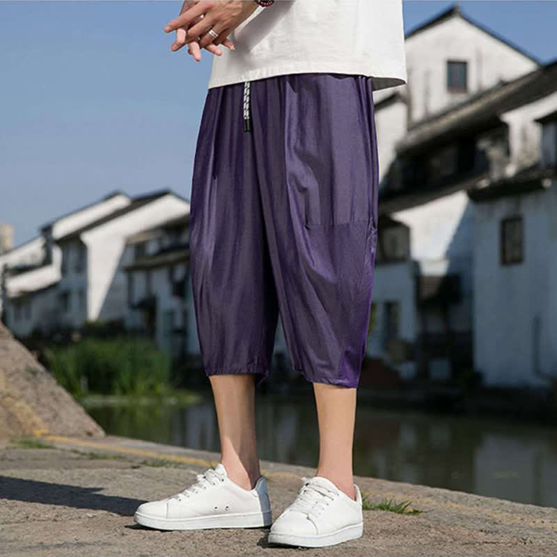 Nimara Ritual Summer Elastic Waist Drawstring Solid Color Half Men's Tapered Pants With Pockets