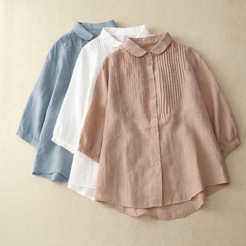 Nimara Ritual Spring Pleated Pintuck Peter Pan Collar Half Sleeve Women's Shirt