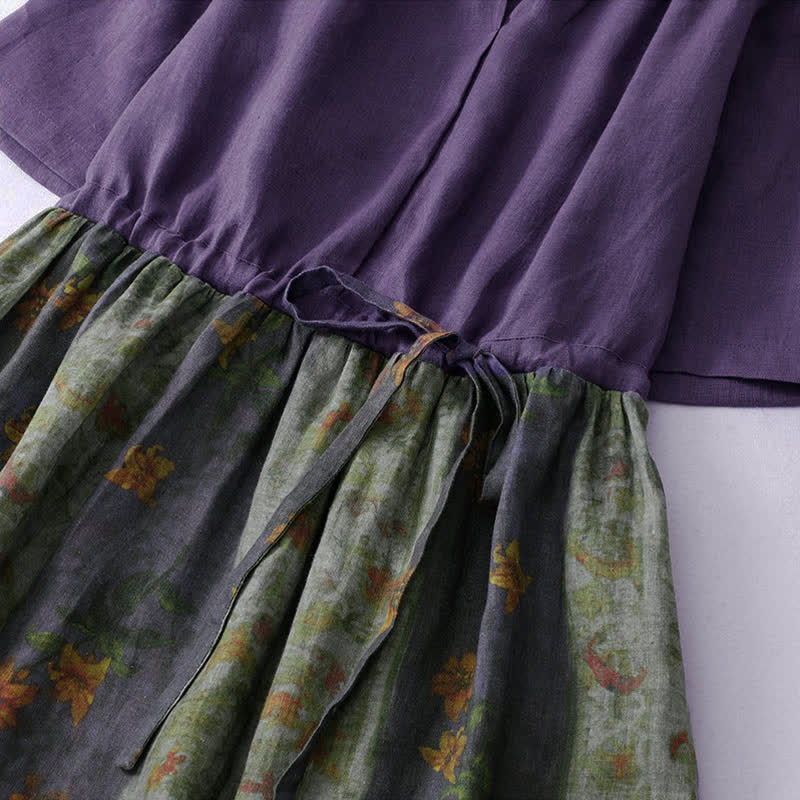Nimara Ritual Summer V Neck Drawstring Waist Floral Short Sleeve Below Knee Dress With Pockets
