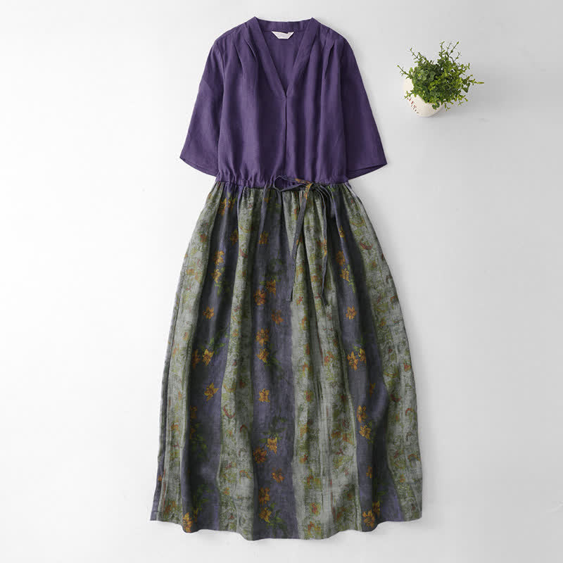 Nimara Ritual Summer V Neck Drawstring Waist Floral Short Sleeve Below Knee Dress With Pockets