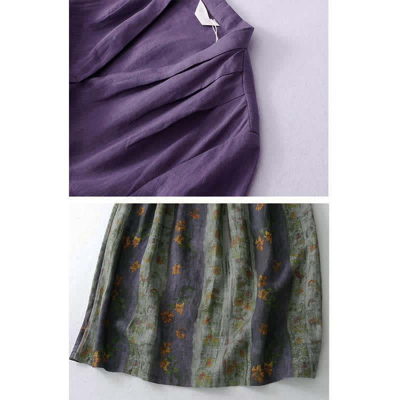 Nimara Ritual Summer V Neck Drawstring Waist Floral Short Sleeve Below Knee Dress With Pockets
