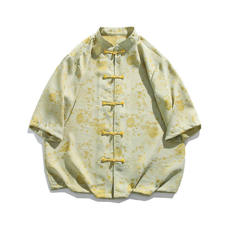 Nimara Ritual Summer Vintage Elegant Mandarin Collar Gold Cloud Pattern Elbow Sleeve Men's Shirt