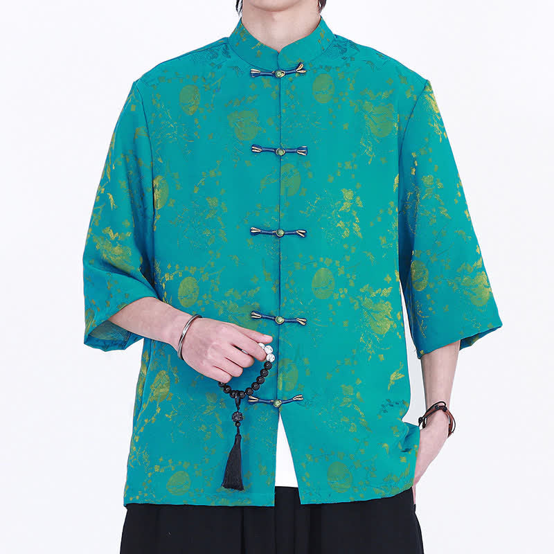 Nimara Ritual Summer Vintage Elegant Mandarin Collar Gold Cloud Pattern Elbow Sleeve Men's Shirt