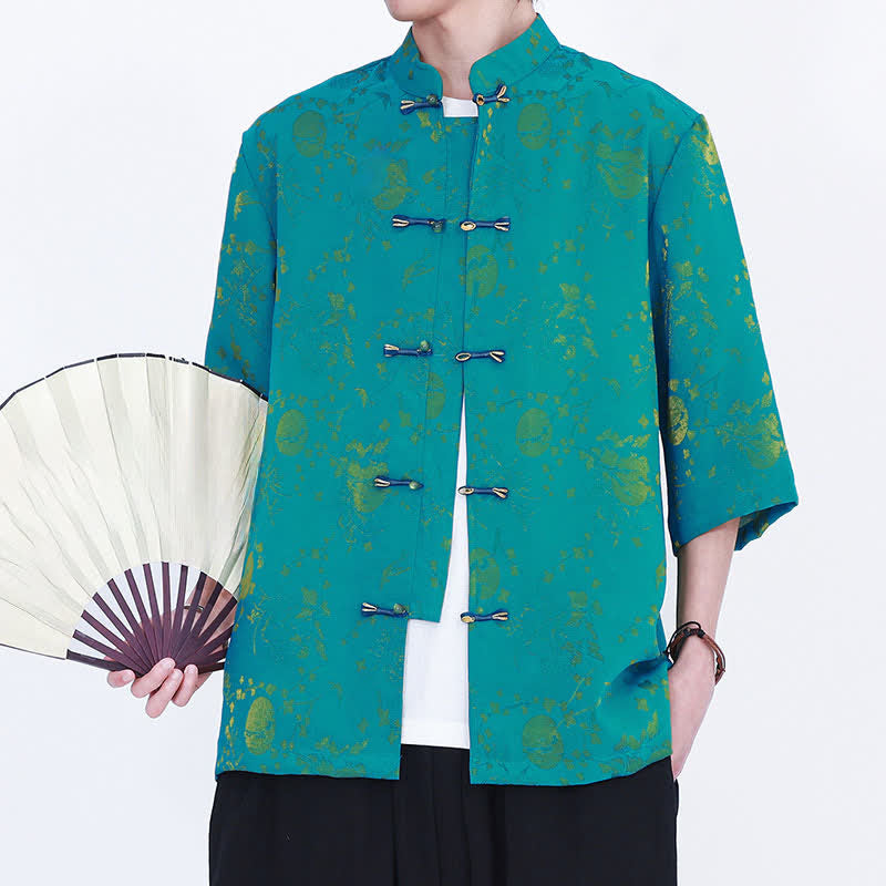 Nimara Ritual Summer Vintage Elegant Mandarin Collar Gold Cloud Pattern Elbow Sleeve Men's Shirt