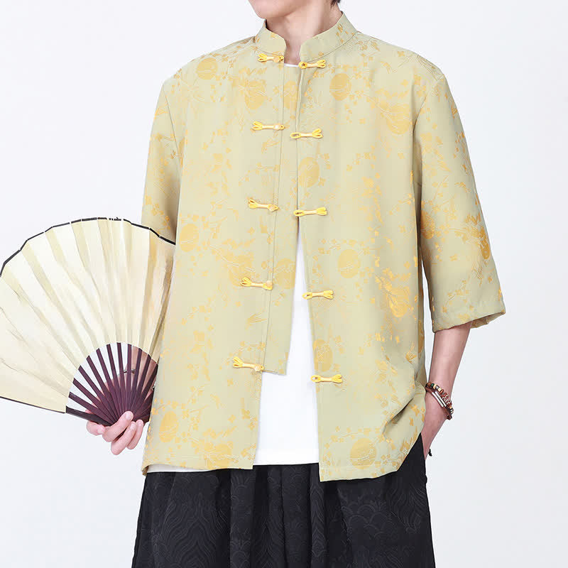 Nimara Ritual Summer Vintage Elegant Mandarin Collar Gold Cloud Pattern Elbow Sleeve Men's Shirt