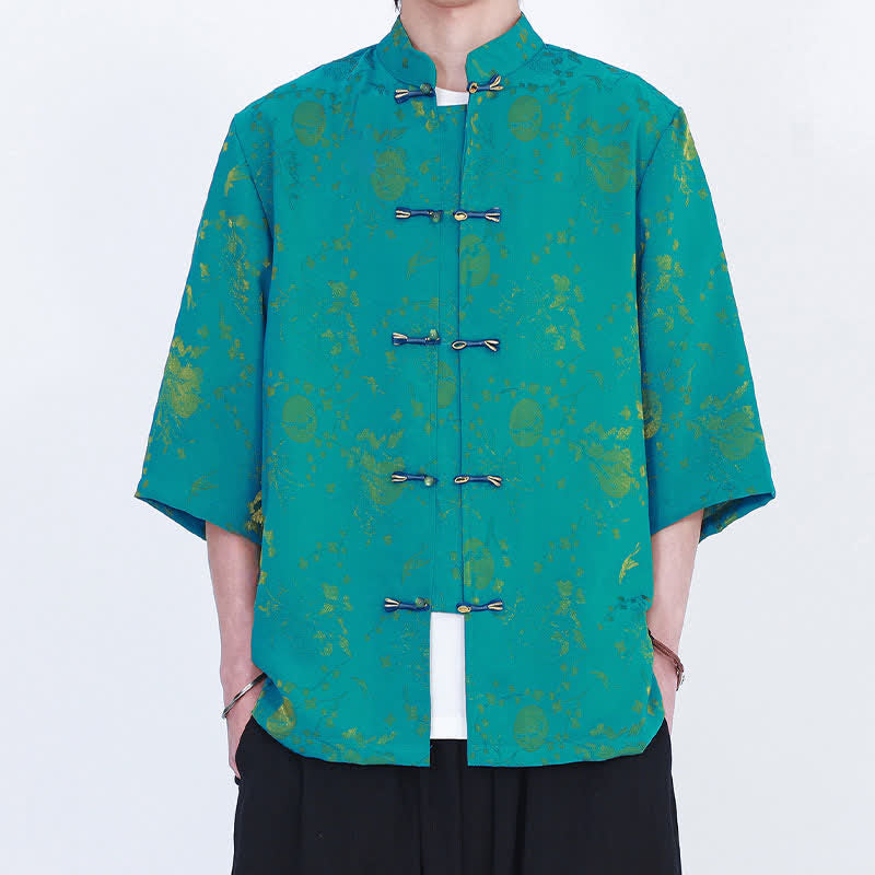 Nimara Ritual Summer Vintage Elegant Mandarin Collar Gold Cloud Pattern Elbow Sleeve Men's Shirt