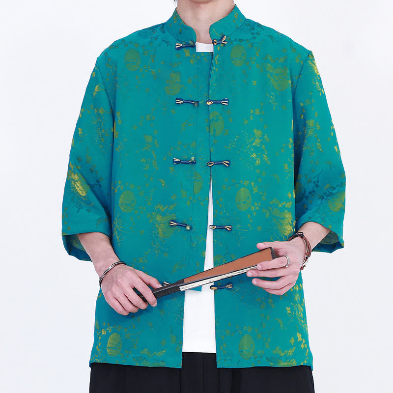 Nimara Ritual Summer Vintage Elegant Mandarin Collar Gold Cloud Pattern Elbow Sleeve Men's Shirt