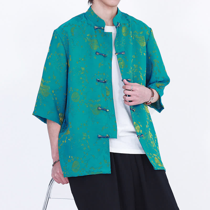 Nimara Ritual Summer Vintage Elegant Mandarin Collar Gold Cloud Pattern Elbow Sleeve Men's Shirt