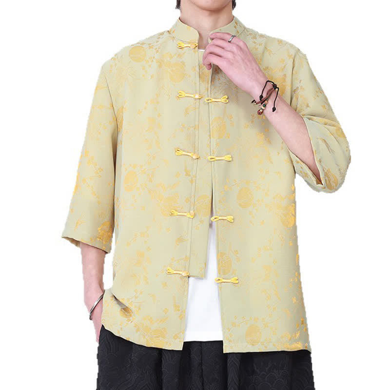 Nimara Ritual Summer Vintage Elegant Mandarin Collar Gold Cloud Pattern Elbow Sleeve Men's Shirt
