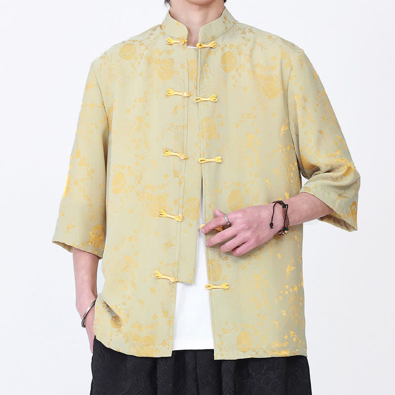 Nimara Ritual Summer Vintage Elegant Mandarin Collar Gold Cloud Pattern Elbow Sleeve Men's Shirt