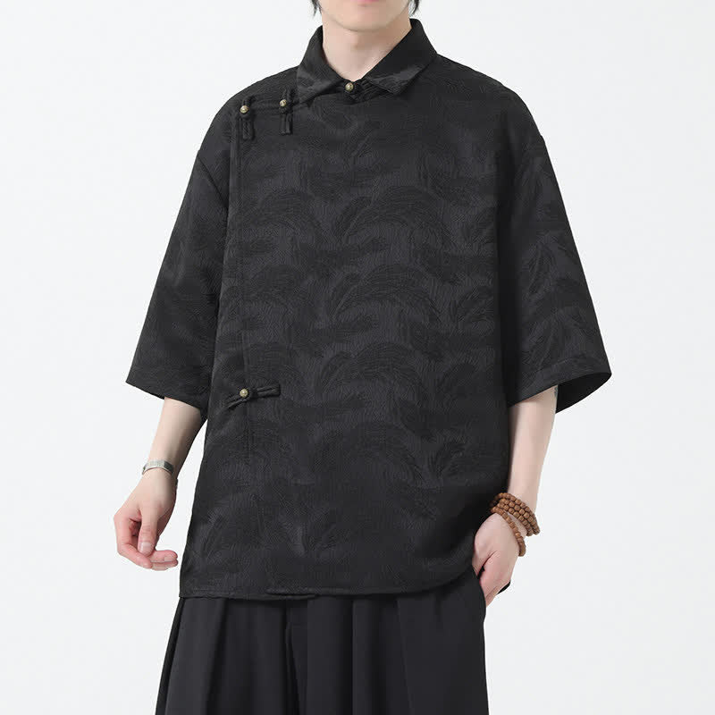 Nimara Ritual Summer Mandarin Collar Textured Jacquard Men's Elbow Sleeve Shirt