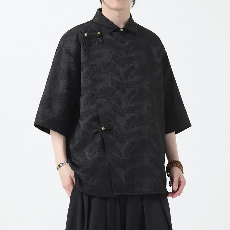 Nimara Ritual Summer Mandarin Collar Textured Jacquard Men's Elbow Sleeve Shirt