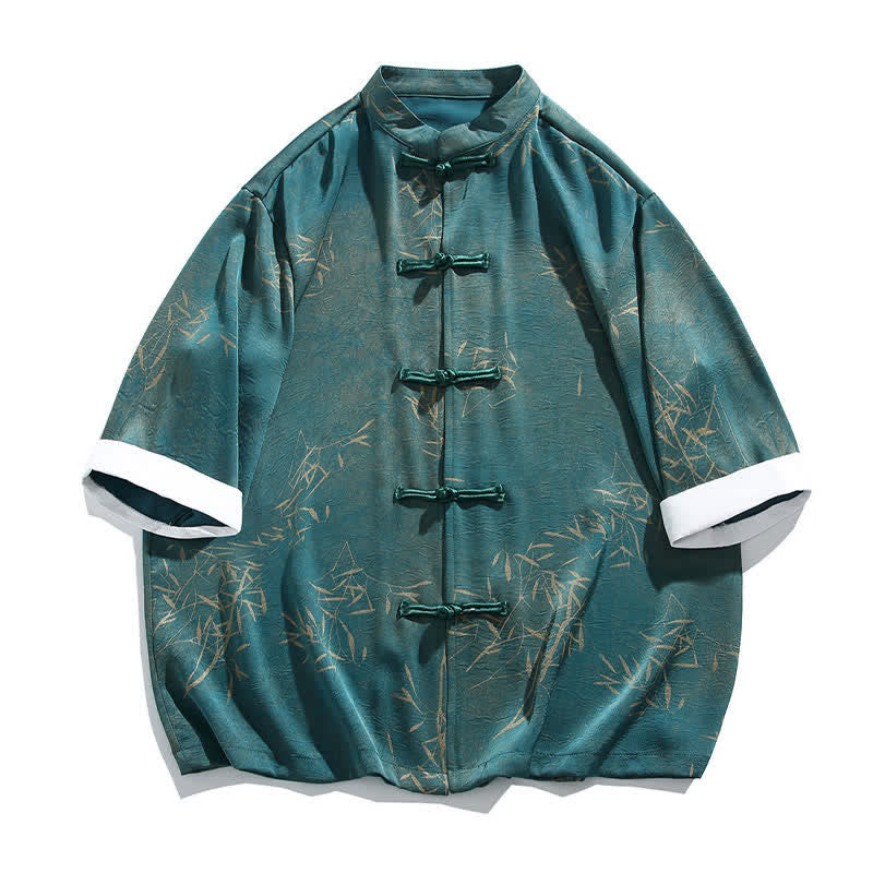 Nimara Ritual Summer Bamboo Print Mandarin Collar Frog Buttons Men's Elbow-Length Sleeve Shirt