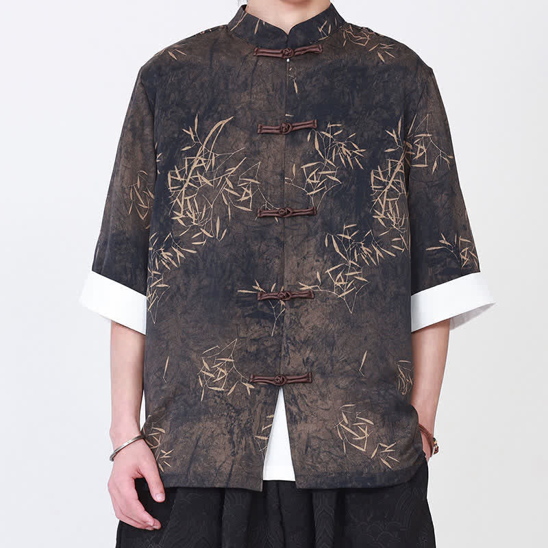 Nimara Ritual Summer Bamboo Print Mandarin Collar Frog Buttons Men's Elbow-Length Sleeve Shirt