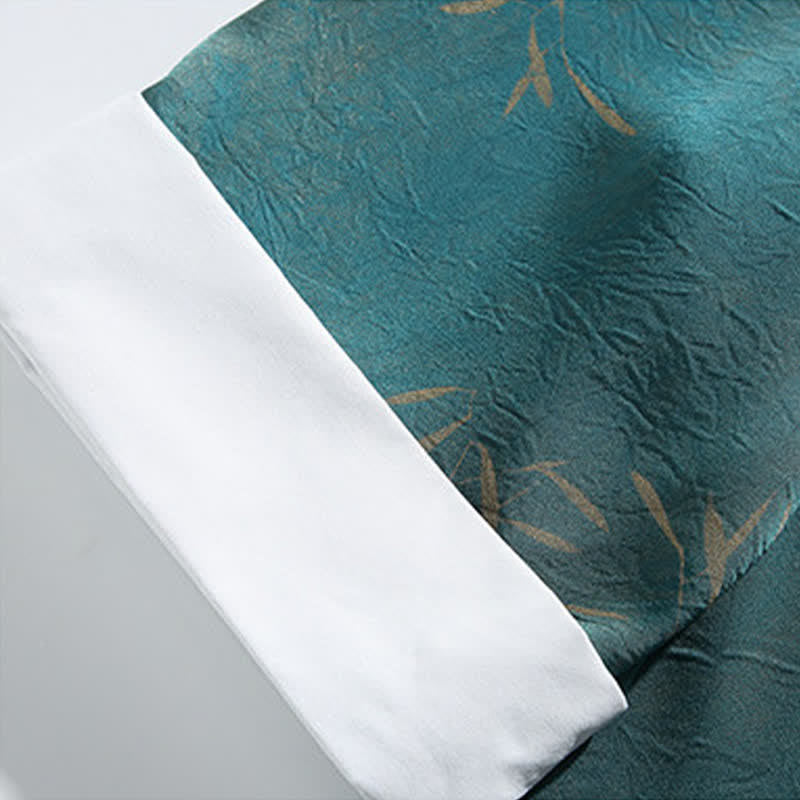 Nimara Ritual Summer Bamboo Print Mandarin Collar Frog Buttons Men's Elbow-Length Sleeve Shirt