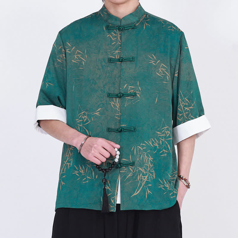 Nimara Ritual Summer Bamboo Print Mandarin Collar Frog Buttons Men's Elbow-Length Sleeve Shirt