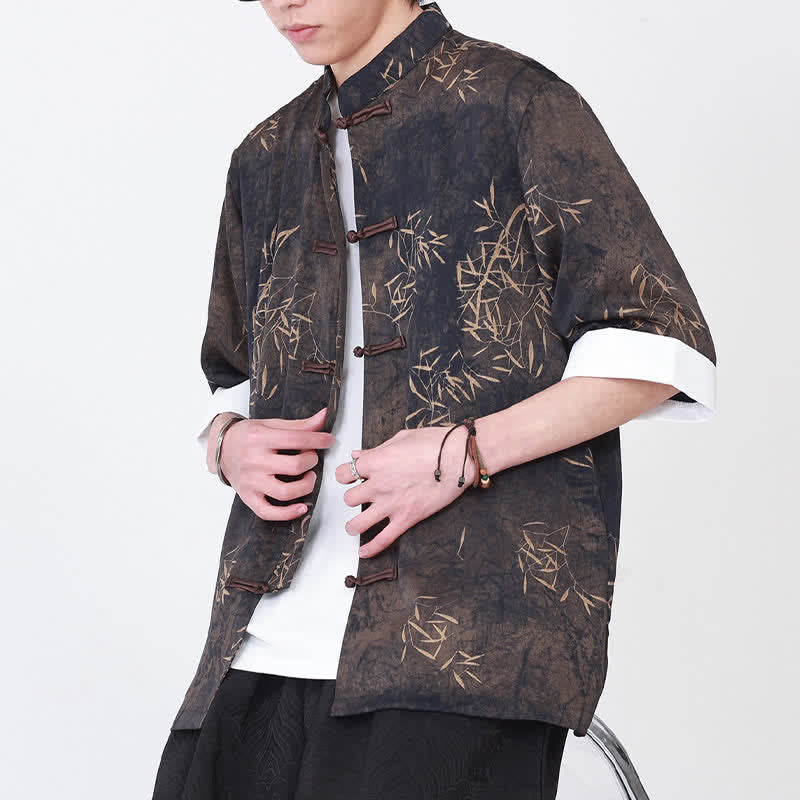 Nimara Ritual Summer Bamboo Print Mandarin Collar Frog Buttons Men's Elbow-Length Sleeve Shirt