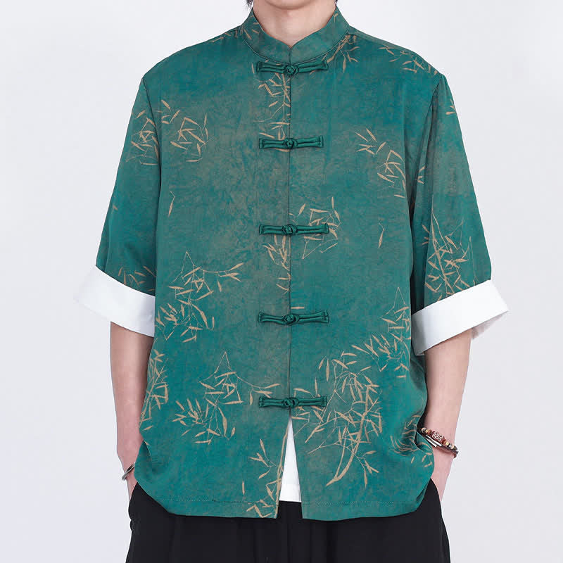 Nimara Ritual Summer Bamboo Print Mandarin Collar Frog Buttons Men's Elbow-Length Sleeve Shirt