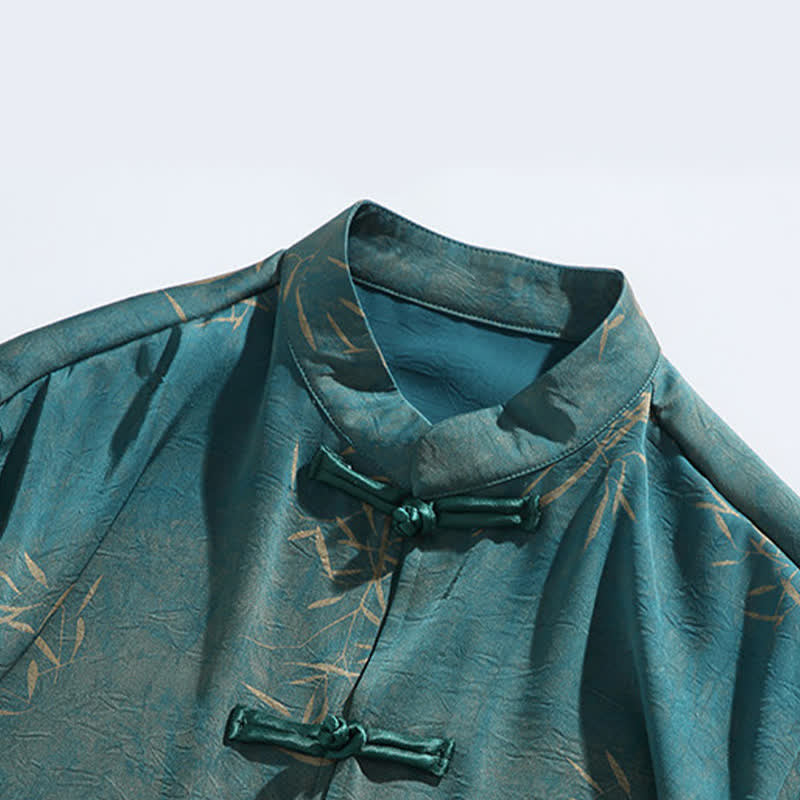 Nimara Ritual Summer Bamboo Print Mandarin Collar Frog Buttons Men's Elbow-Length Sleeve Shirt