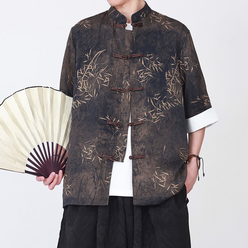 Nimara Ritual Summer Bamboo Print Mandarin Collar Frog Buttons Men's Elbow-Length Sleeve Shirt