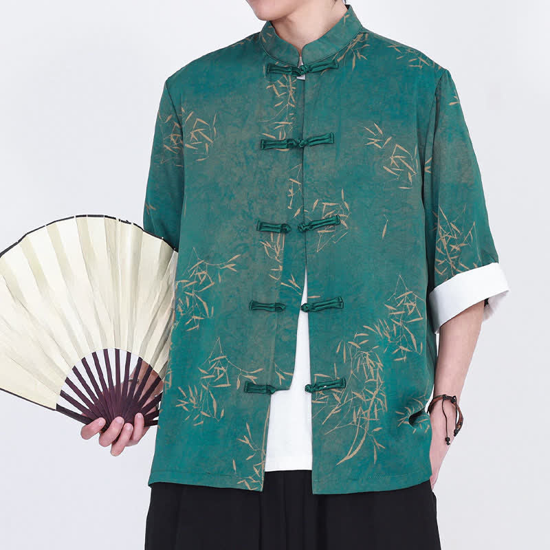 Nimara Ritual Summer Bamboo Print Mandarin Collar Frog Buttons Men's Elbow-Length Sleeve Shirt