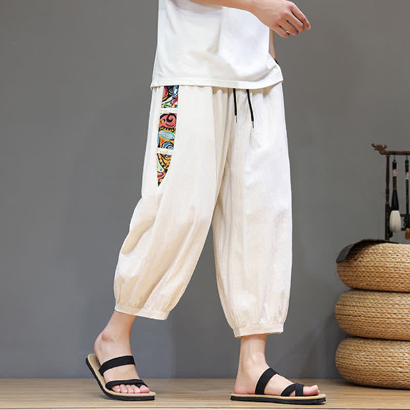 Nimara Ritual Summer Tribal Side Stripe Drawstring Waist Men's Capri Tapered Pants With Pockets
