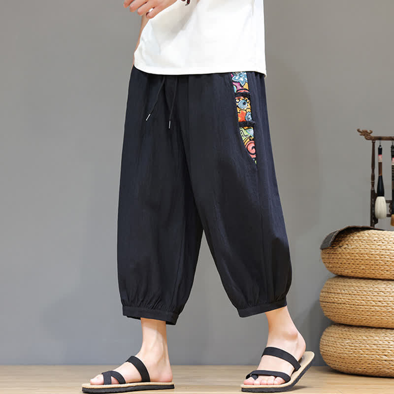 Nimara Ritual Summer Tribal Side Stripe Drawstring Waist Men's Capri Tapered Pants With Pockets