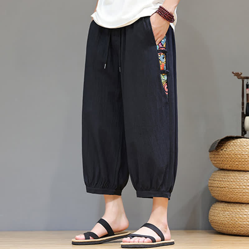 Nimara Ritual Summer Tribal Side Stripe Drawstring Waist Men's Capri Tapered Pants With Pockets