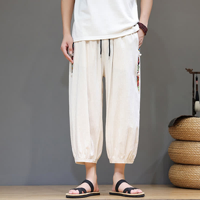 Nimara Ritual Summer Tribal Side Stripe Drawstring Waist Men's Capri Tapered Pants With Pockets