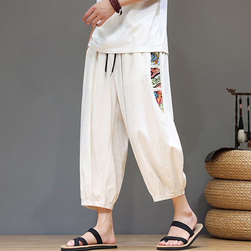 Nimara Ritual Summer Tribal Side Stripe Drawstring Waist Men's Capri Tapered Pants With Pockets