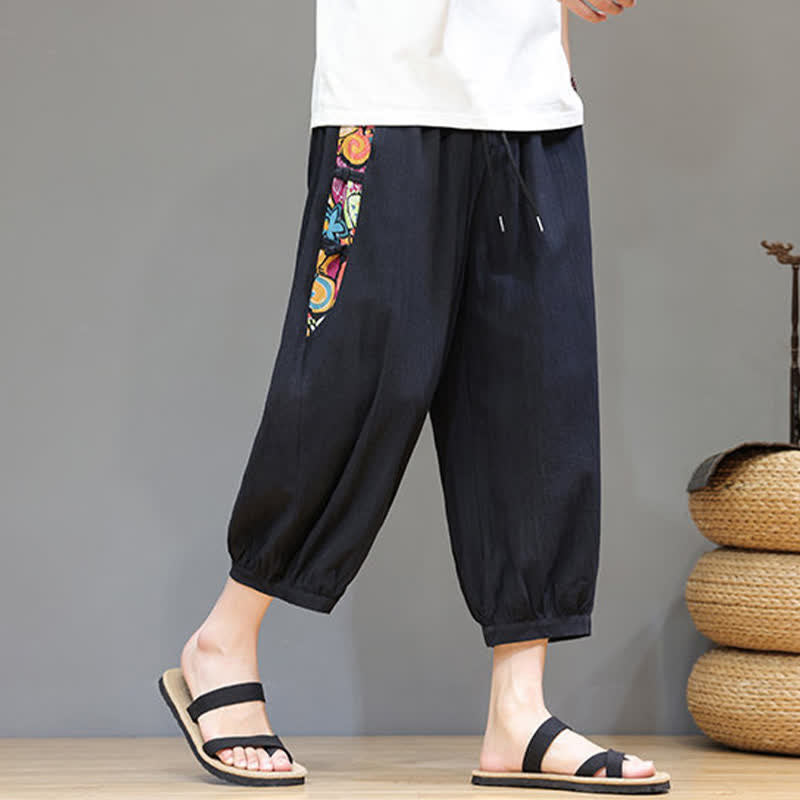 Nimara Ritual Summer Tribal Side Stripe Drawstring Waist Men's Capri Tapered Pants With Pockets