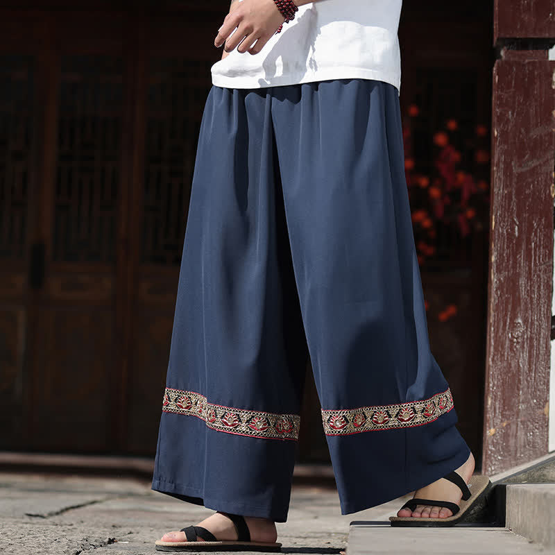 Nimara Ritual Summer Cotton Embroidered Hem Elastic Waist Men's Cropped Wide Leg Pants With Pockets