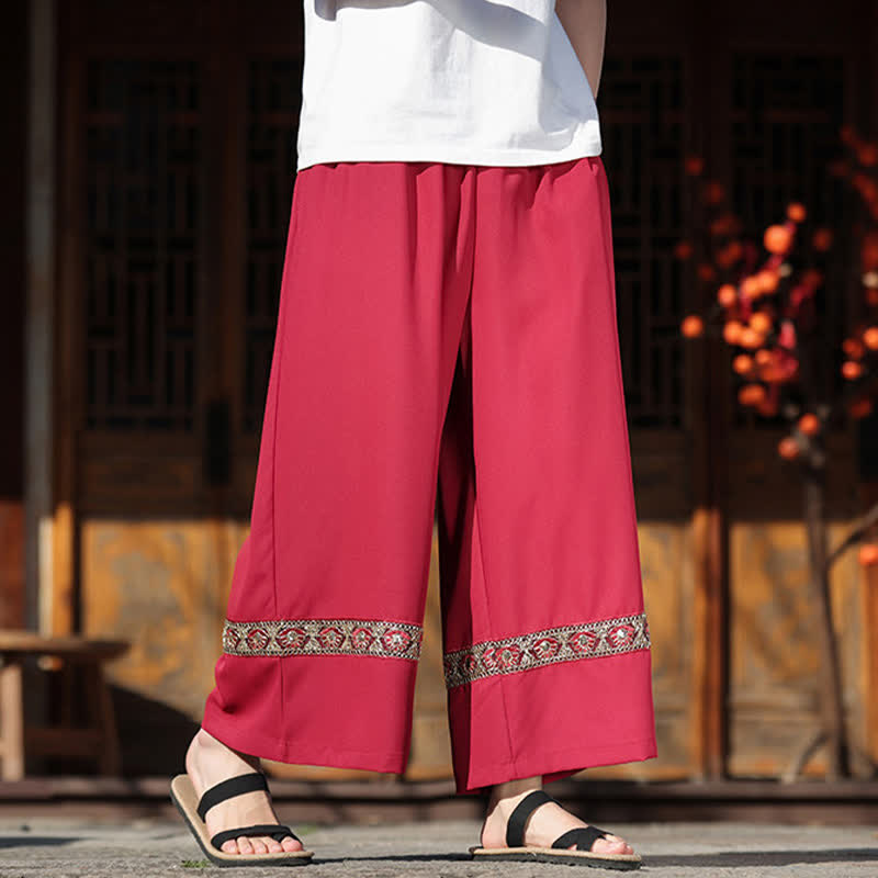 Nimara Ritual Summer Cotton Embroidered Hem Elastic Waist Men's Cropped Wide Leg Pants With Pockets