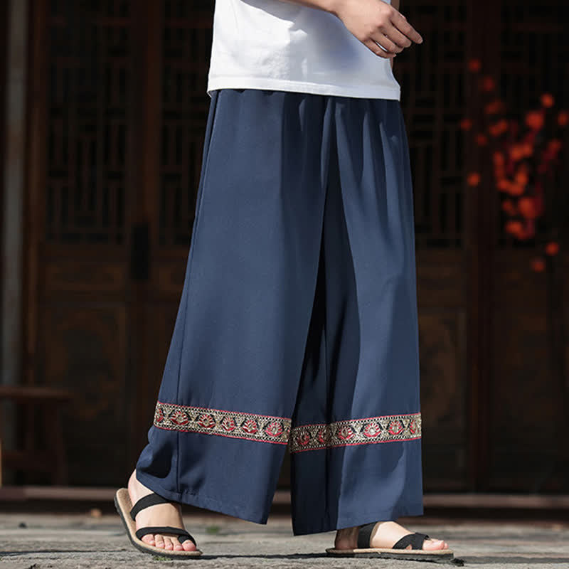 Nimara Ritual Summer Cotton Embroidered Hem Elastic Waist Men's Cropped Wide Leg Pants With Pockets