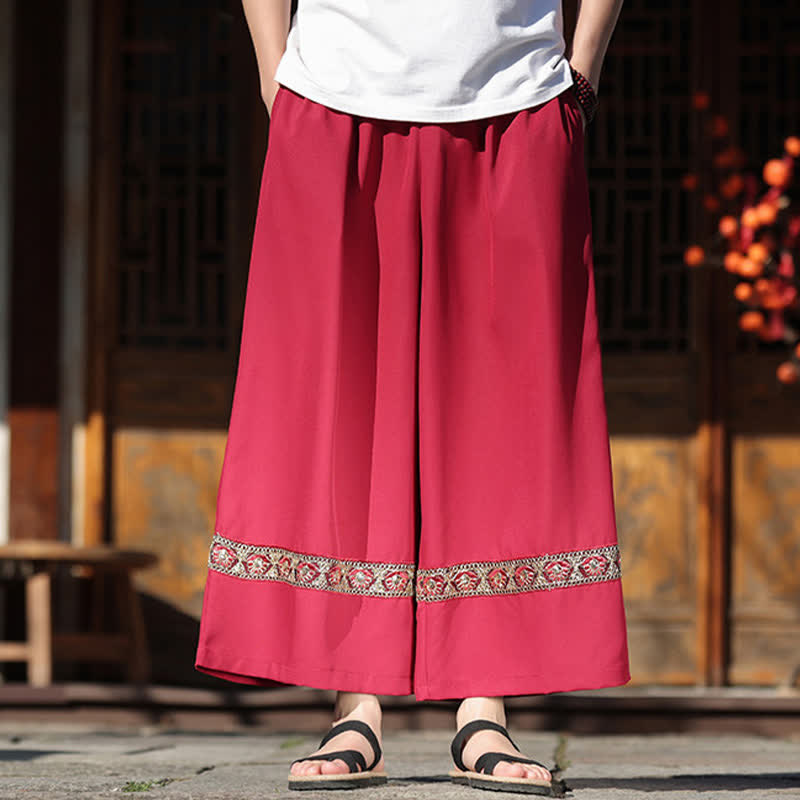 Nimara Ritual Summer Cotton Embroidered Hem Elastic Waist Men's Cropped Wide Leg Pants With Pockets