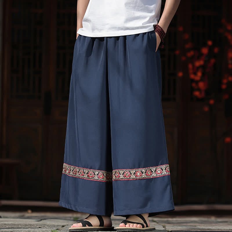Nimara Ritual Summer Cotton Embroidered Hem Elastic Waist Men's Cropped Wide Leg Pants With Pockets
