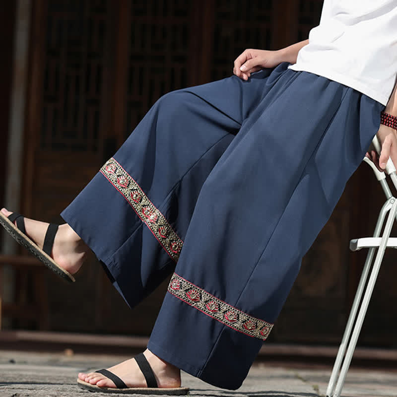 Nimara Ritual Summer Cotton Embroidered Hem Elastic Waist Men's Cropped Wide Leg Pants With Pockets