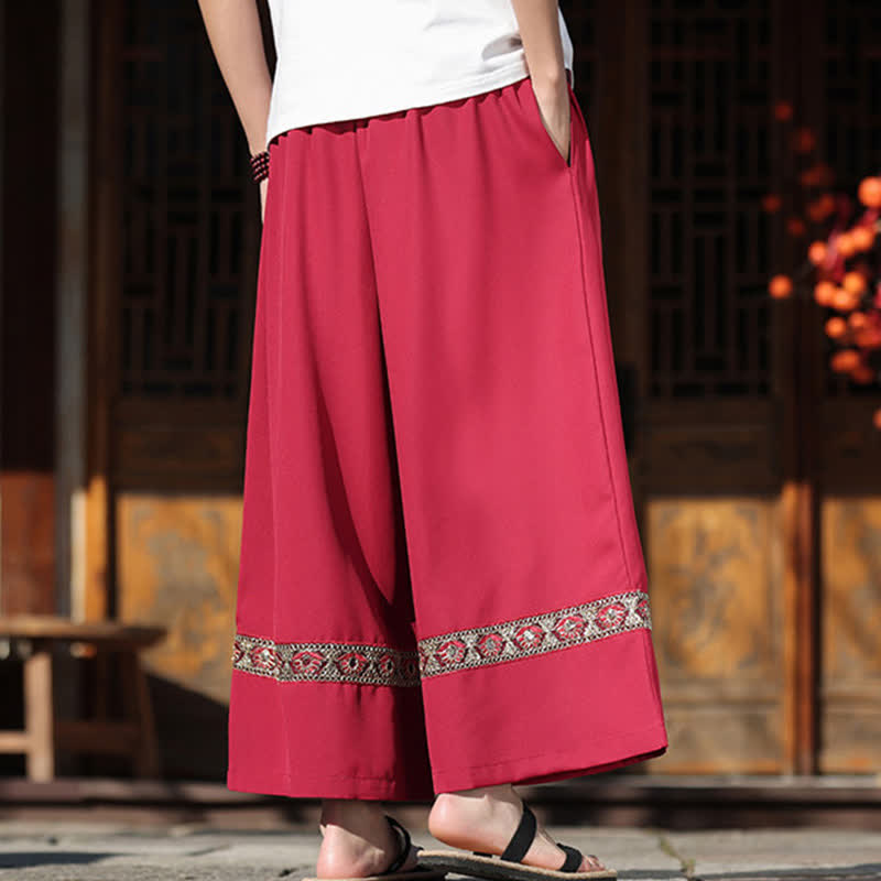 Nimara Ritual Summer Cotton Embroidered Hem Elastic Waist Men's Cropped Wide Leg Pants With Pockets