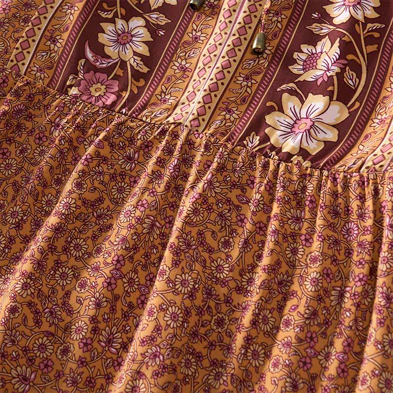 Nimara Ritual Fall Boho Floral Paisley Cotton Bracelet Sleeve Women's Mini Dress with Puff Sleeves and Tie Neck