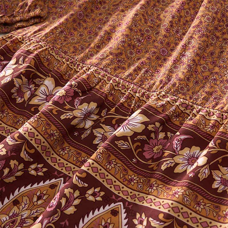 Nimara Ritual Fall Boho Floral Paisley Cotton Bracelet Sleeve Women's Mini Dress with Puff Sleeves and Tie Neck
