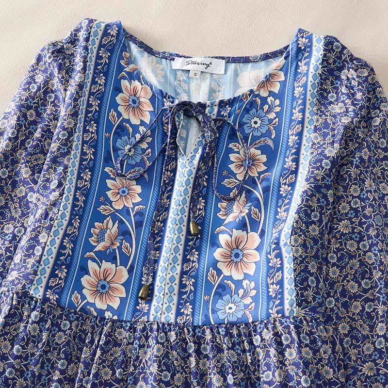 Nimara Ritual Fall Boho Floral Paisley Cotton Bracelet Sleeve Women's Mini Dress with Puff Sleeves and Tie Neck
