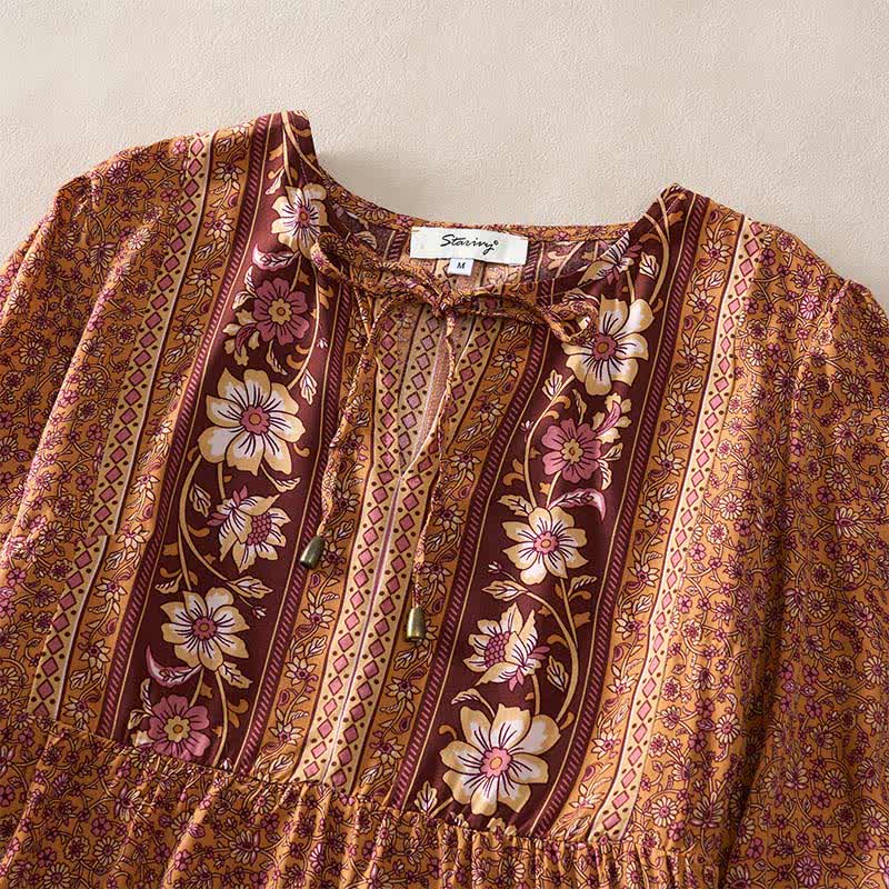 Nimara Ritual Fall Boho Floral Paisley Cotton Bracelet Sleeve Women's Mini Dress with Puff Sleeves and Tie Neck