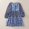 Nimara Ritual Fall Boho Floral Paisley Cotton Bracelet Sleeve Women's Mini Dress with Puff Sleeves and Tie Neck