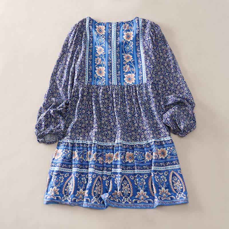 Nimara Ritual Fall Boho Floral Paisley Cotton Bracelet Sleeve Women's Mini Dress with Puff Sleeves and Tie Neck