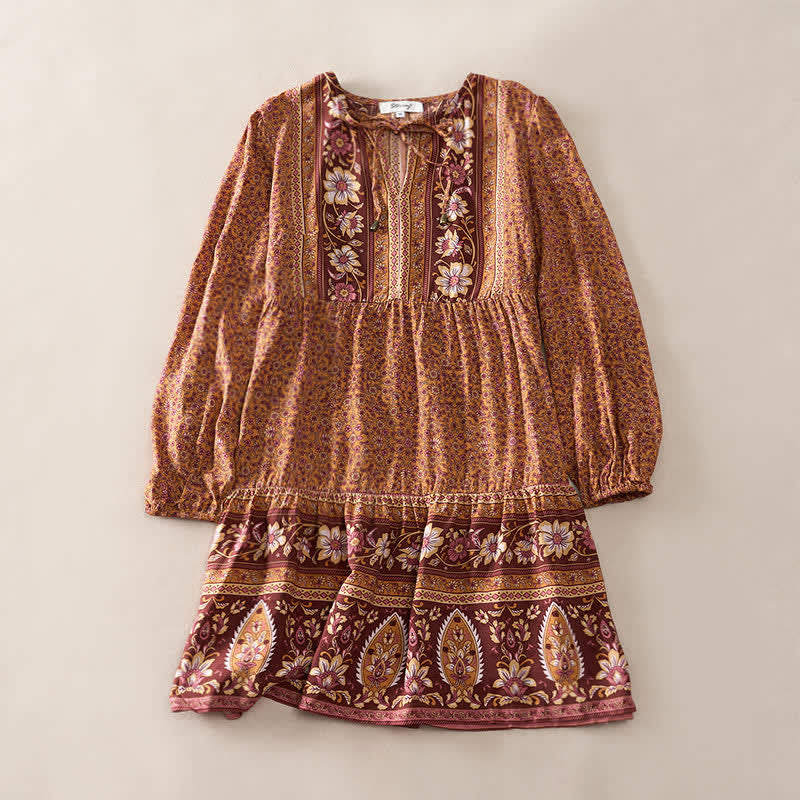 Nimara Ritual Fall Boho Floral Paisley Cotton Bracelet Sleeve Women's Mini Dress with Puff Sleeves and Tie Neck