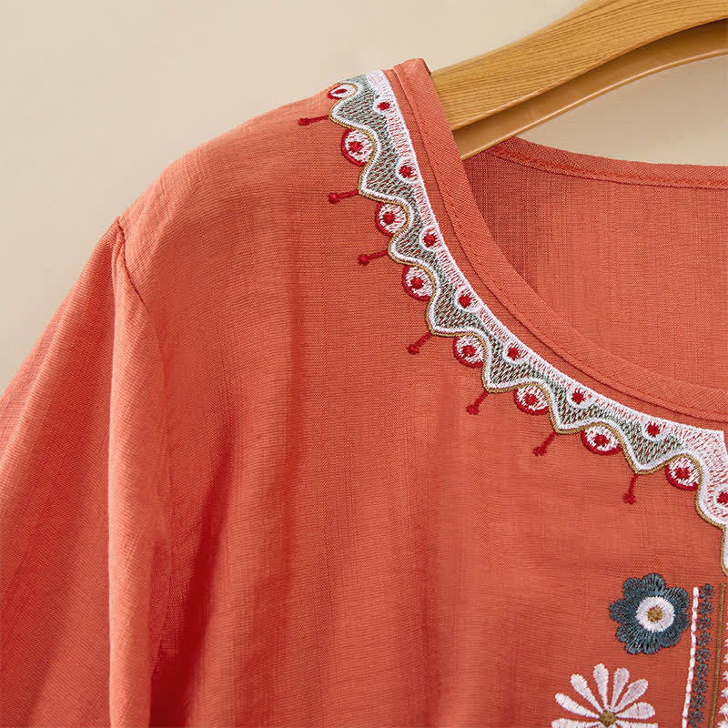 Nimara Ritual Spring Boho Embroidered Elbow-Length Sleeve Women's T-Shirts