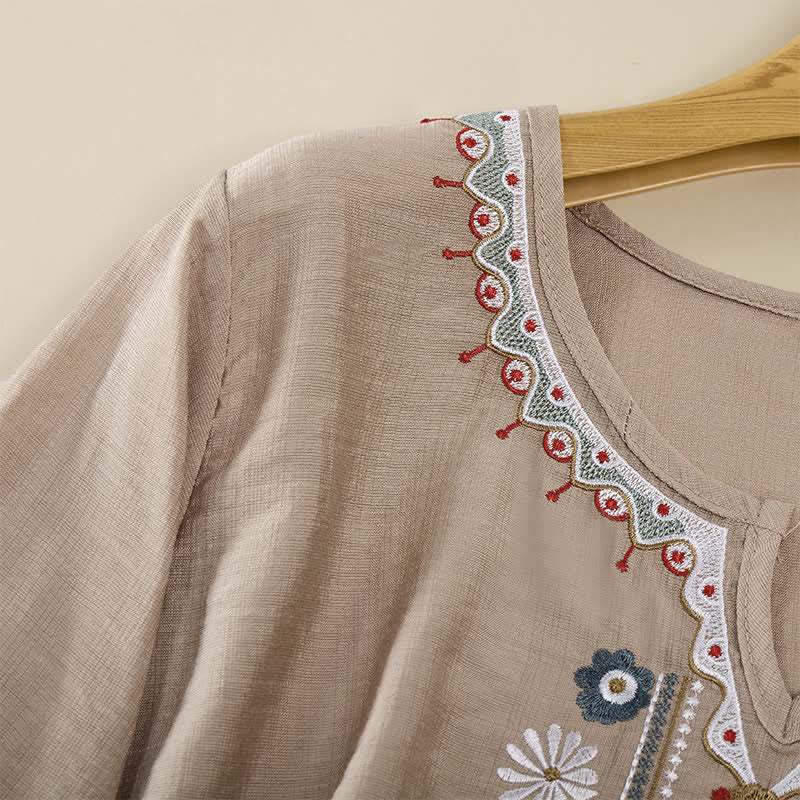 Nimara Ritual Spring Boho Embroidered Elbow-Length Sleeve Women's T-Shirts