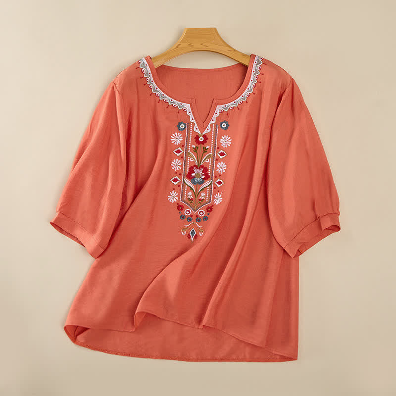 Nimara Ritual Spring Boho Embroidered Elbow-Length Sleeve Women's T-Shirts