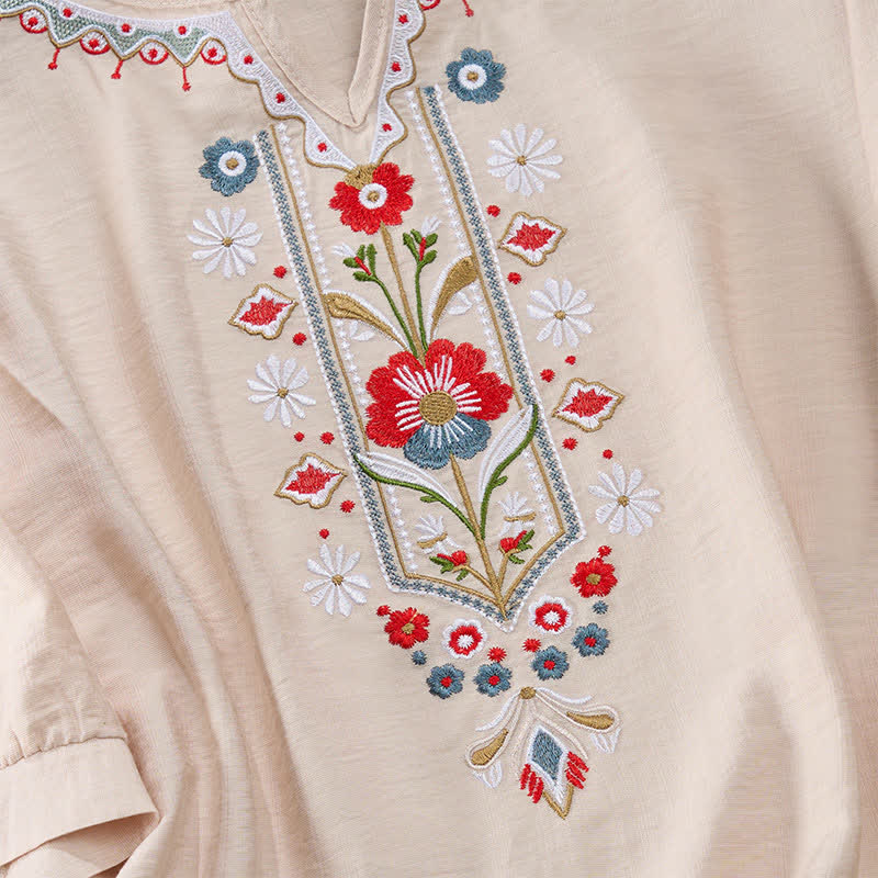 Nimara Ritual Spring Boho Embroidered Elbow-Length Sleeve Women's T-Shirts